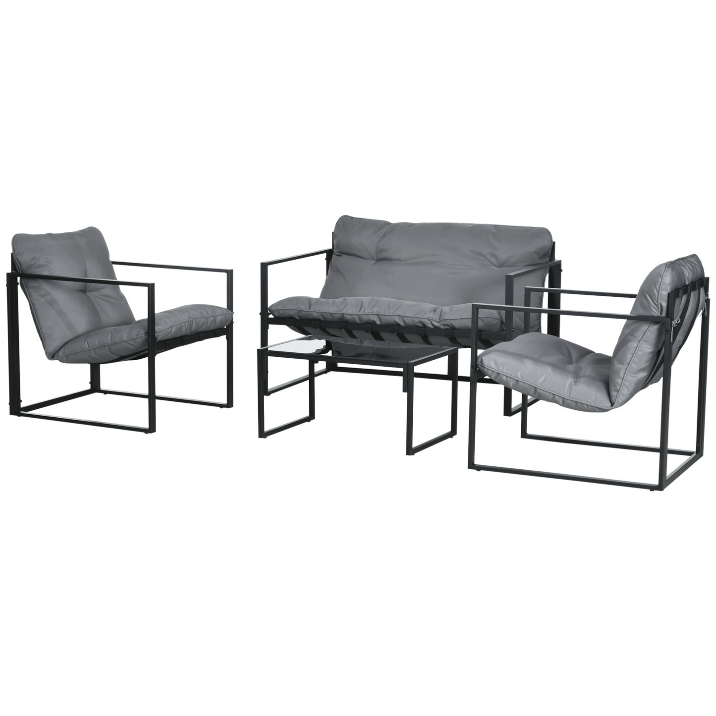 4 Piece Outdoor Furniture Set, Patio Conversation Set with Tempered Glass Table, Loveseat, Chairs, Cushions, Light Grey