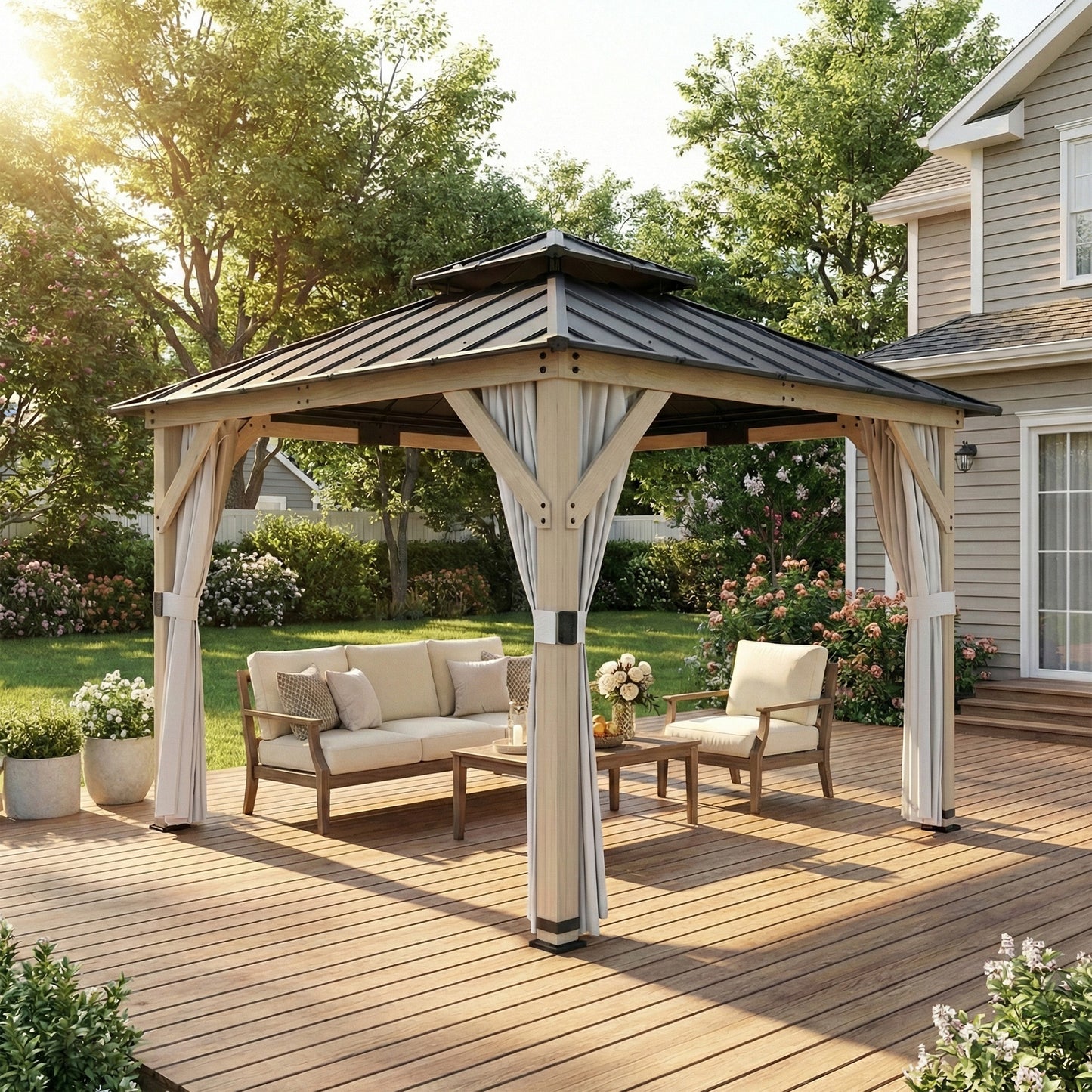 10 x 10 Hardtop Gazebo with Curtains, Wood Patio Gazebo with Double Steel Roof, Hook, Light Grey