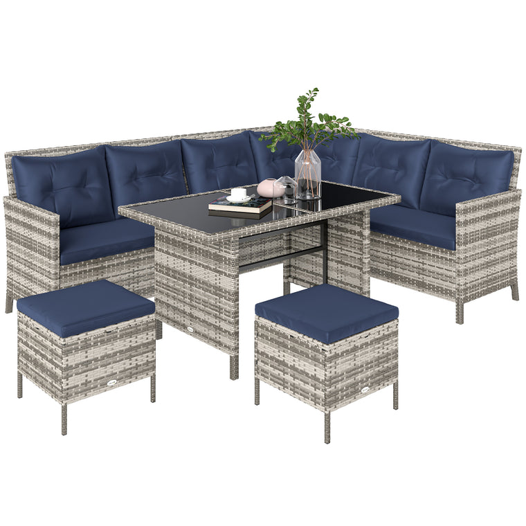 Deep Blue 6-Piece Rattan Sofa Set with Dining Table