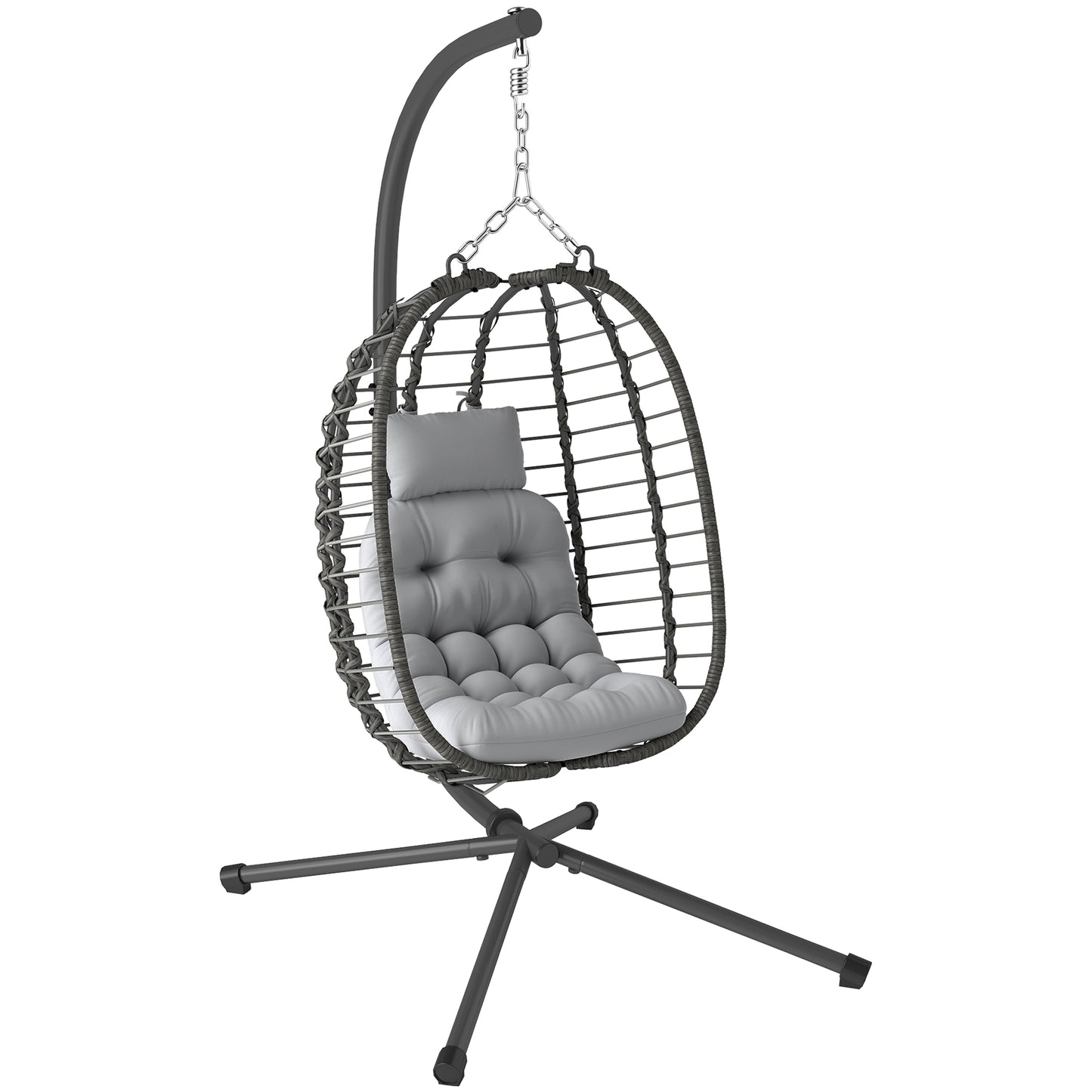 Hanging Egg Chair with Stand, Foldable Wicker Rattan Swing Chair with Thick Cushion, Headrest, Light Grey