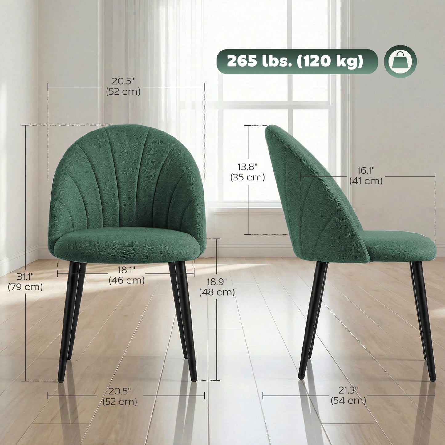 Modern Dining Chairs Set of 4, Upholstered Dining Room Chairs with Metal Legs, Shell Backrest, Padded Seat, Green