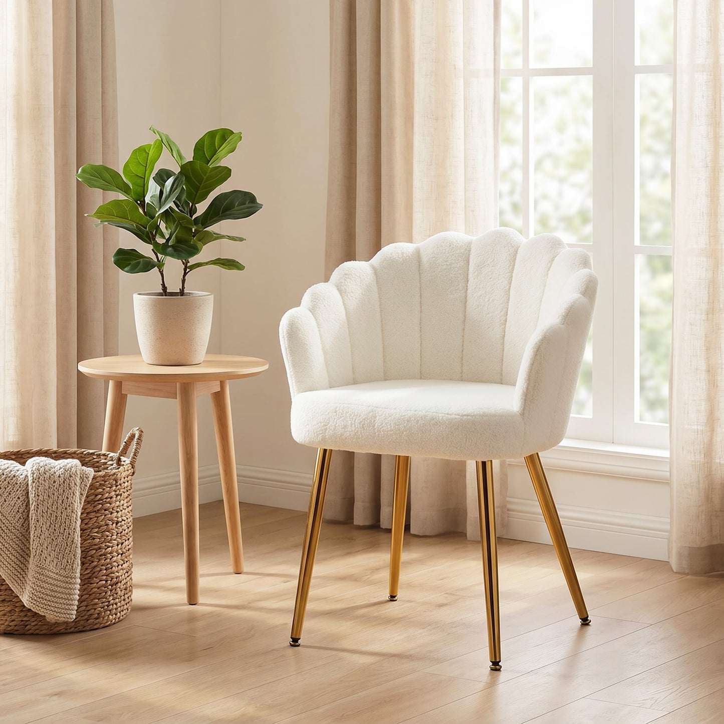 Accent Chair Petal-Back Design Modern Living Room Chair with Metal Legs Cream