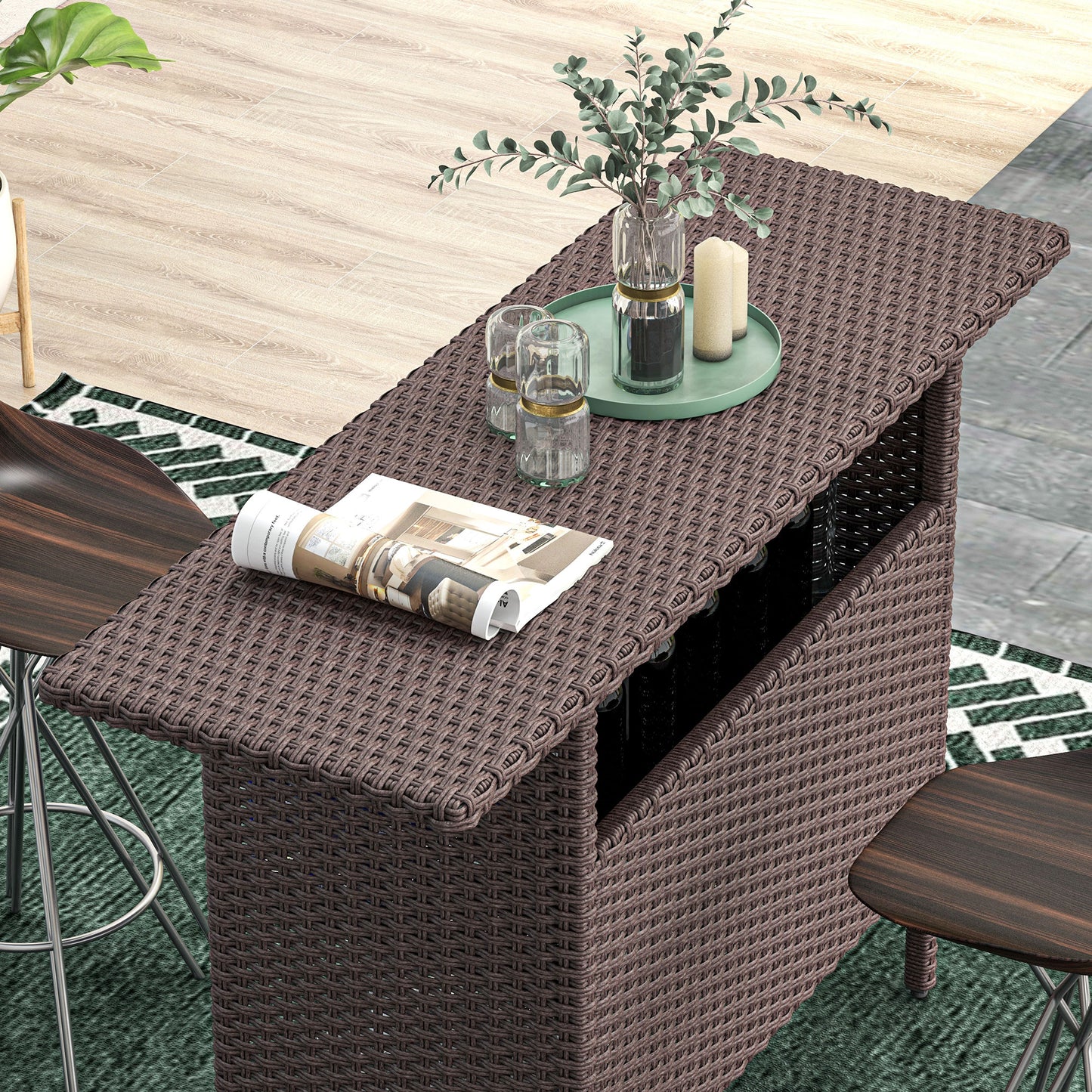 Bar Height Outdoor Rattan Table, Patio Wicker Bar Table with 2 Storage Shelves, 55.1" x 18.5" x 37", Brown