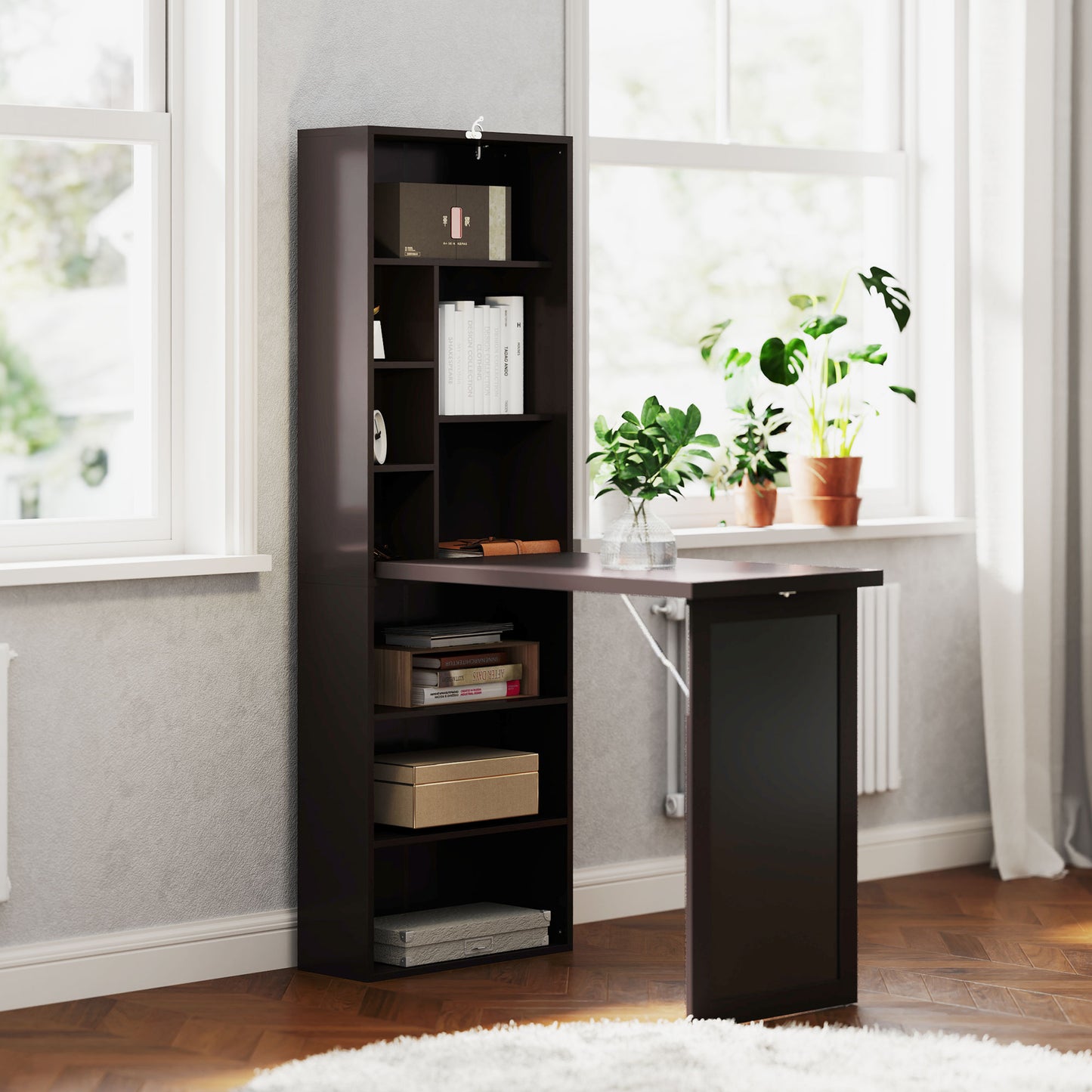 Fold-out Convertible Office Desk, Wall Mount Computer Desk with Blackboard and Side Shelf, Brown