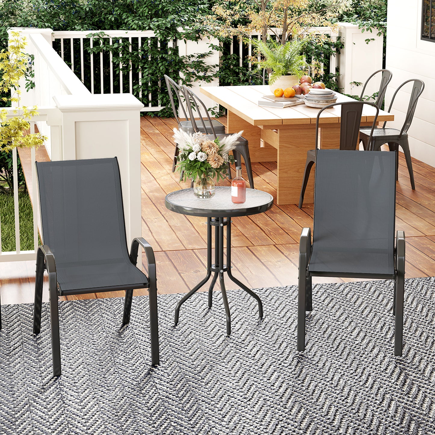 3 Pieces Bistro Set, Small Patio Furniture Set with Stackable Mesh Chairs, Glass Table for Garden, Light Mixed Brown - Dark Grey