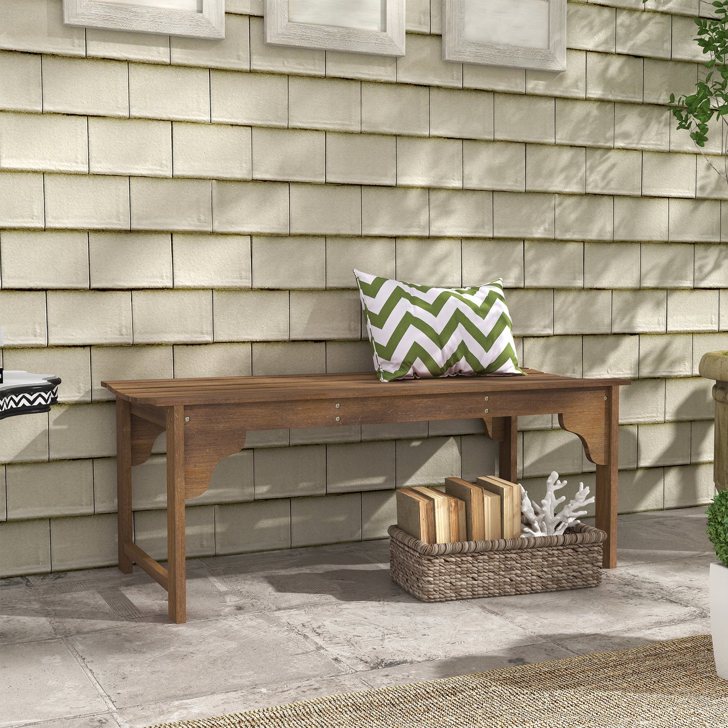 Wooden Garden Bench, Patio Double Park Bench with Slatted Seat, Front Porch Backless Bench, Teak