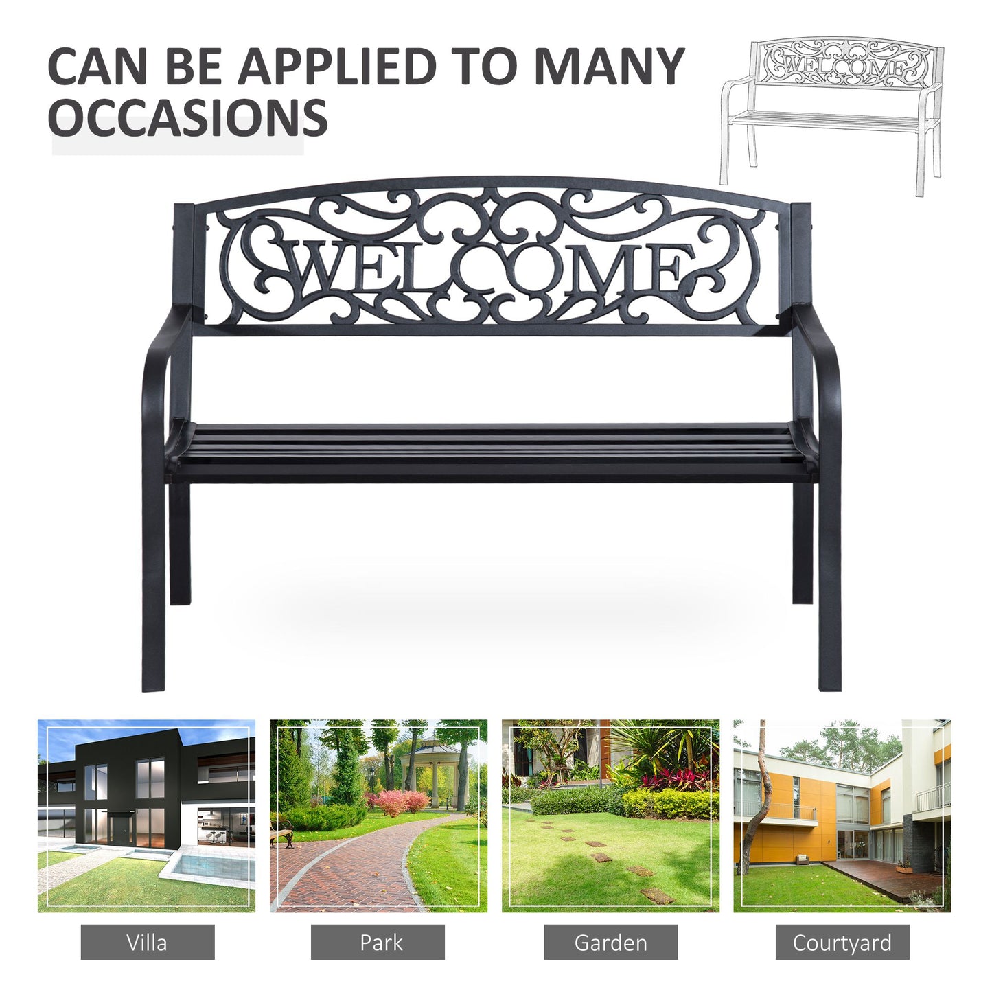 50" 2-Seater Garden Bench, Patio Decorative Chair Metal Backyard Loveseat Outdoor Furniture for Yard, Lawn, Porch, Black