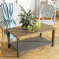 2-Tier Rectangle Outdoor Coffee Table, Patio Table with Wood-Effect Metal Top, Wicker Shelf for Garden, Backyard, Brown