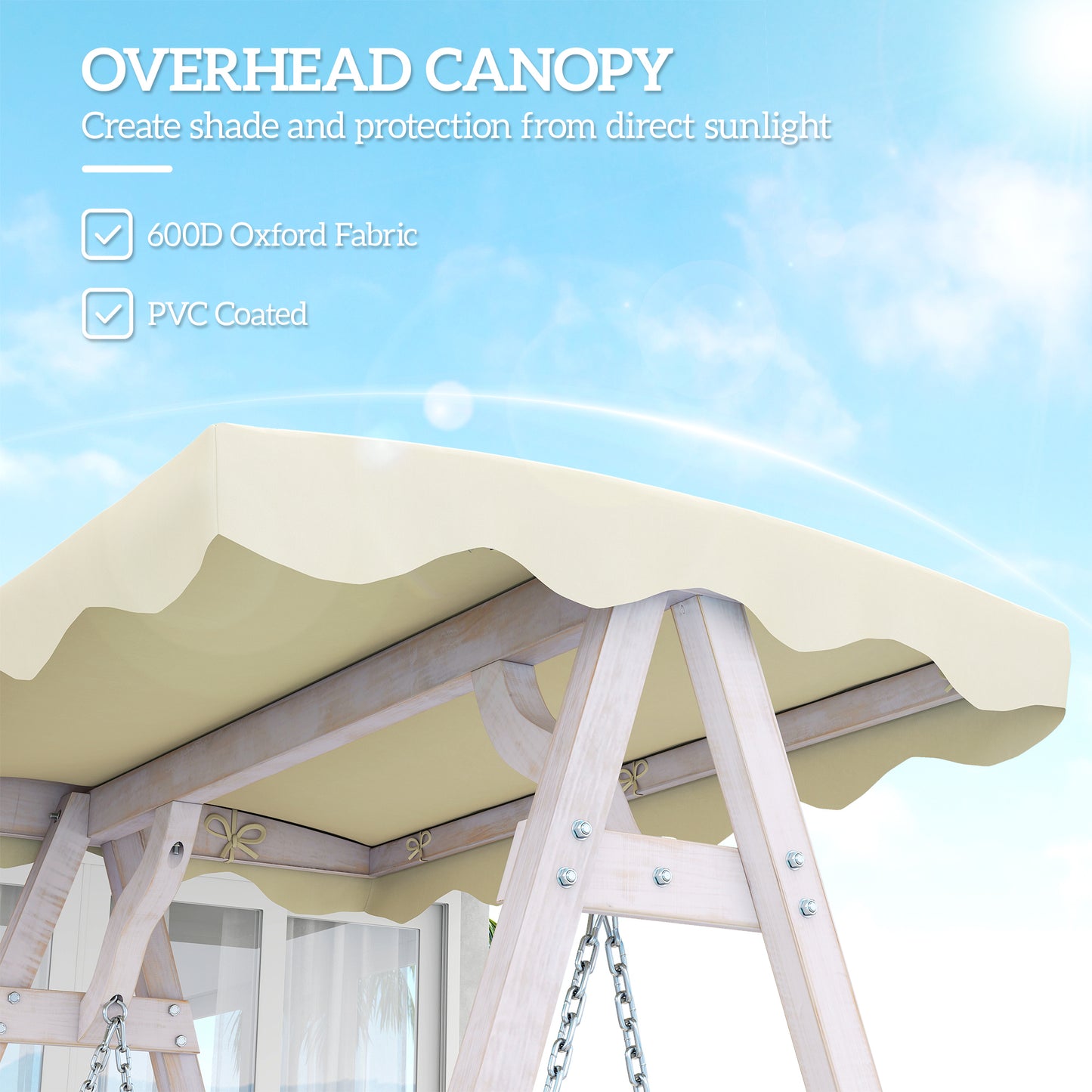 2 Seater Patio Swing with Stand, Canopy and Cushion, Outdoor Swing Chair Wooden Swinging Bench