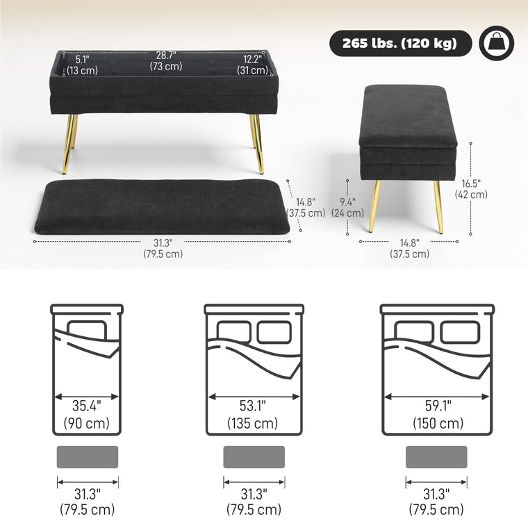 31" Velvet Storage Ottoman Bench with Steel Legs