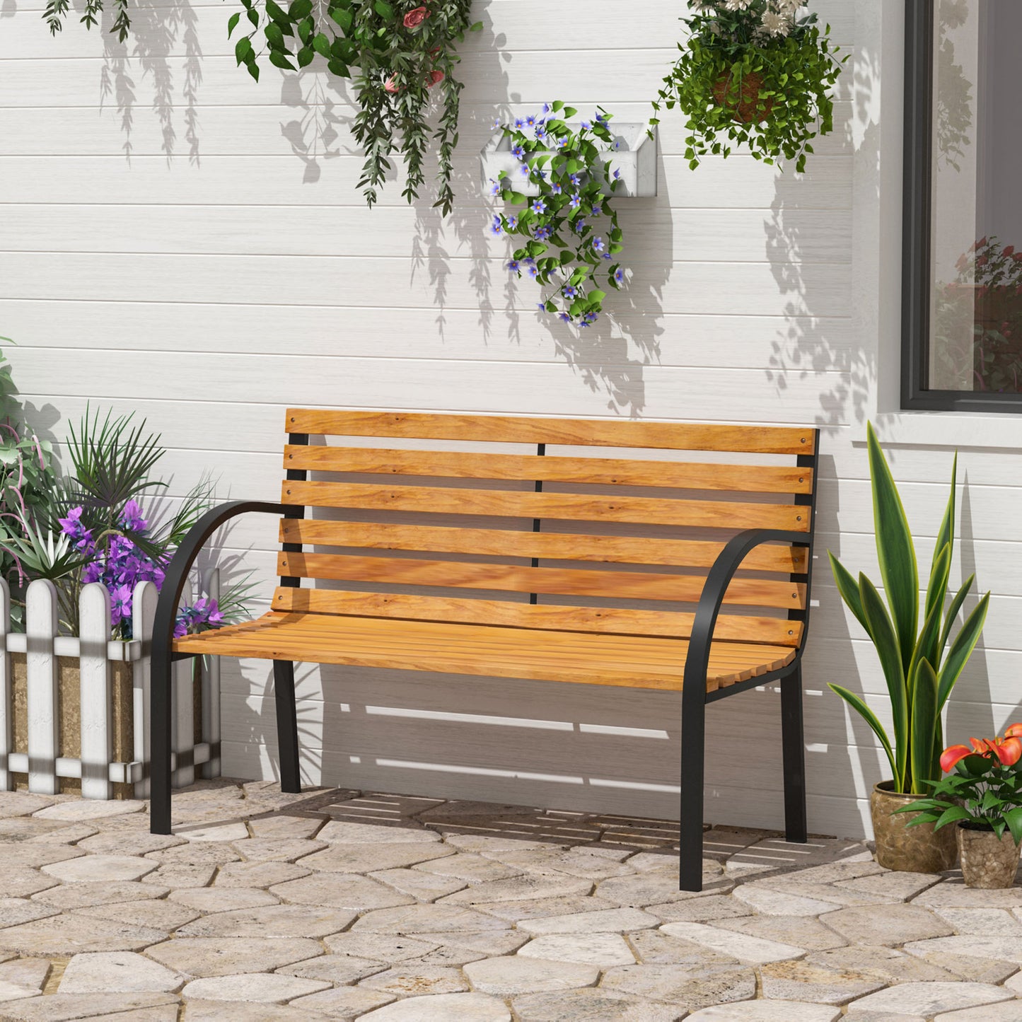 48"L Garden Bench Outdoor Patio 2-Person Wooden Seat Chair Park Loveseat Yard Furniture w/ Steel Frame
