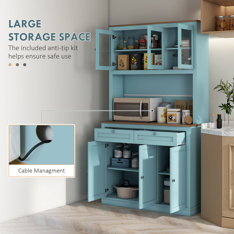 71" Pantry Cabinet with Hutch and Glass Doors - Blue
