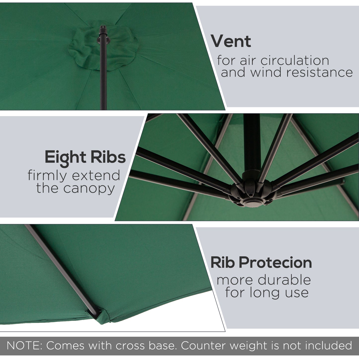 9.7ft Offset Patio UmbrellaCantilever Parasol with Crank Handle, 8 Ribs and Cross Base for Outdoor, Sun Shade, Green