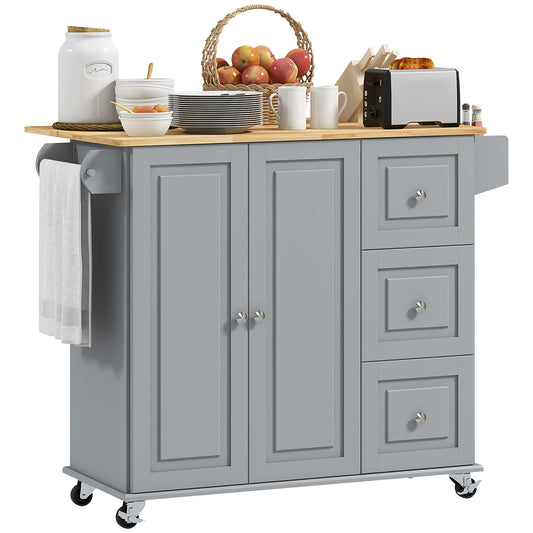 Rolling Kitchen Cart with Drop Leaf and Drawers - Grey