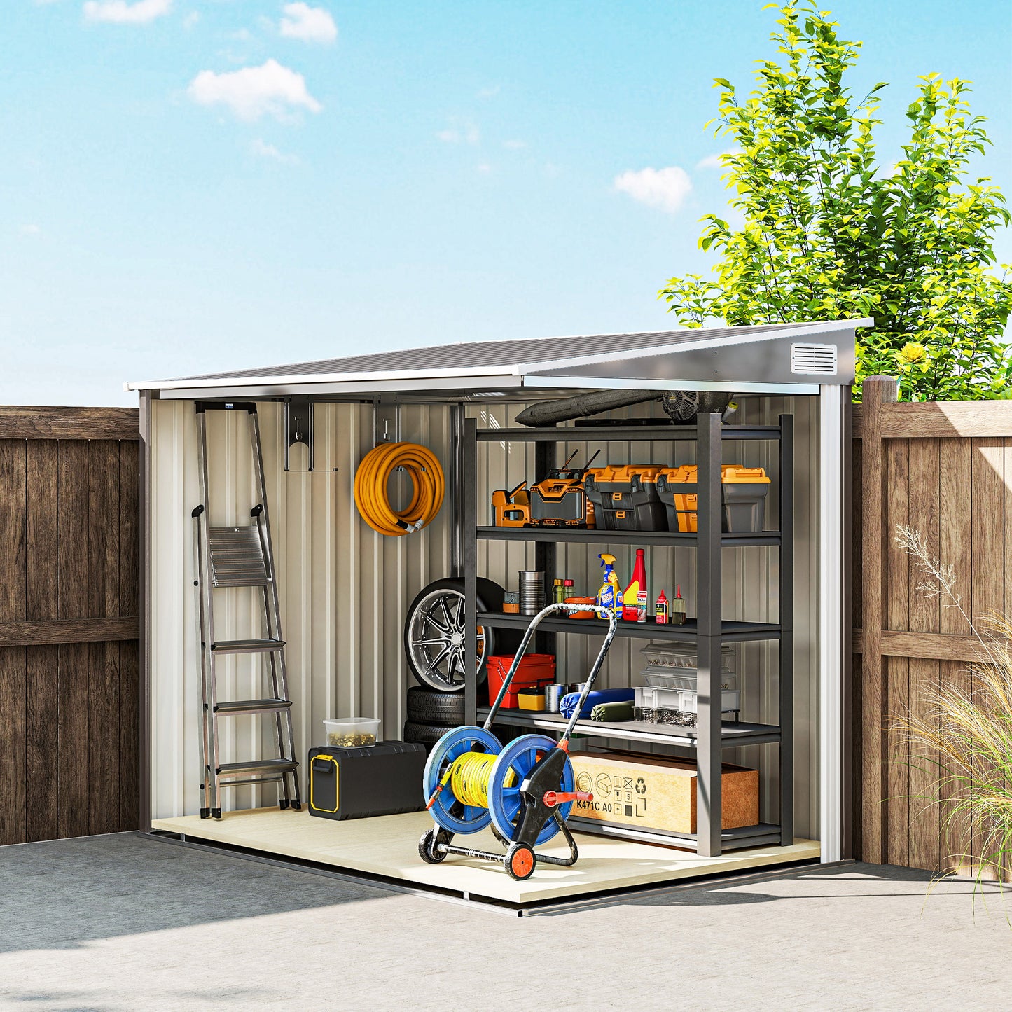 5'x7' Lean to Galvanized Metal Shed with Foundation, Garden Tool Storage House w/ Sliding Door and 2 Vents, Light Grey