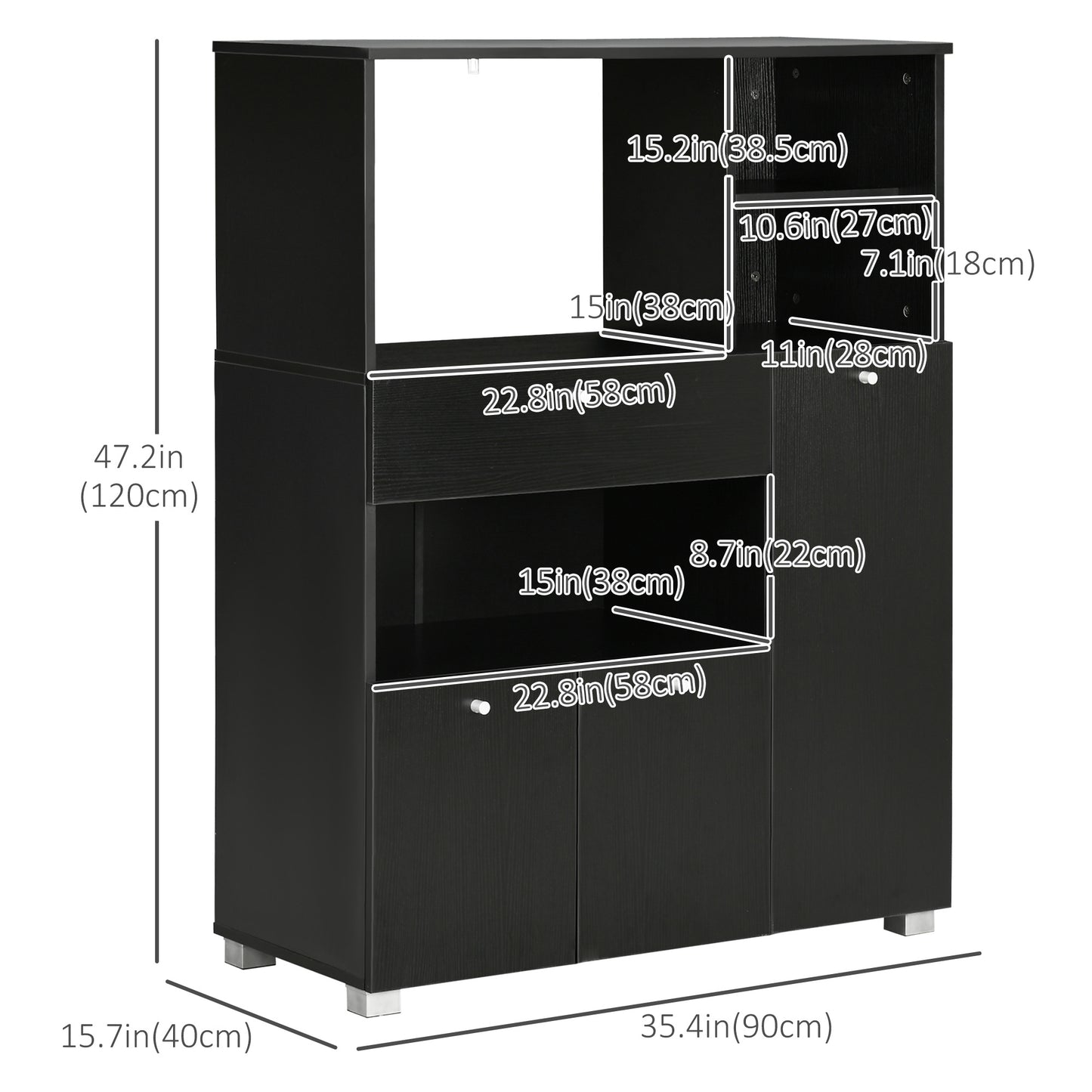 Compact Kitchen Pantry Buffet Server Hutch Storage Cabinet with Microwave Oven Stand Drawer and Shelves, Black