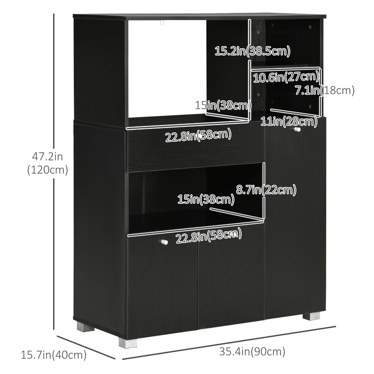 Compact Kitchen Pantry with Microwave Stand - Black