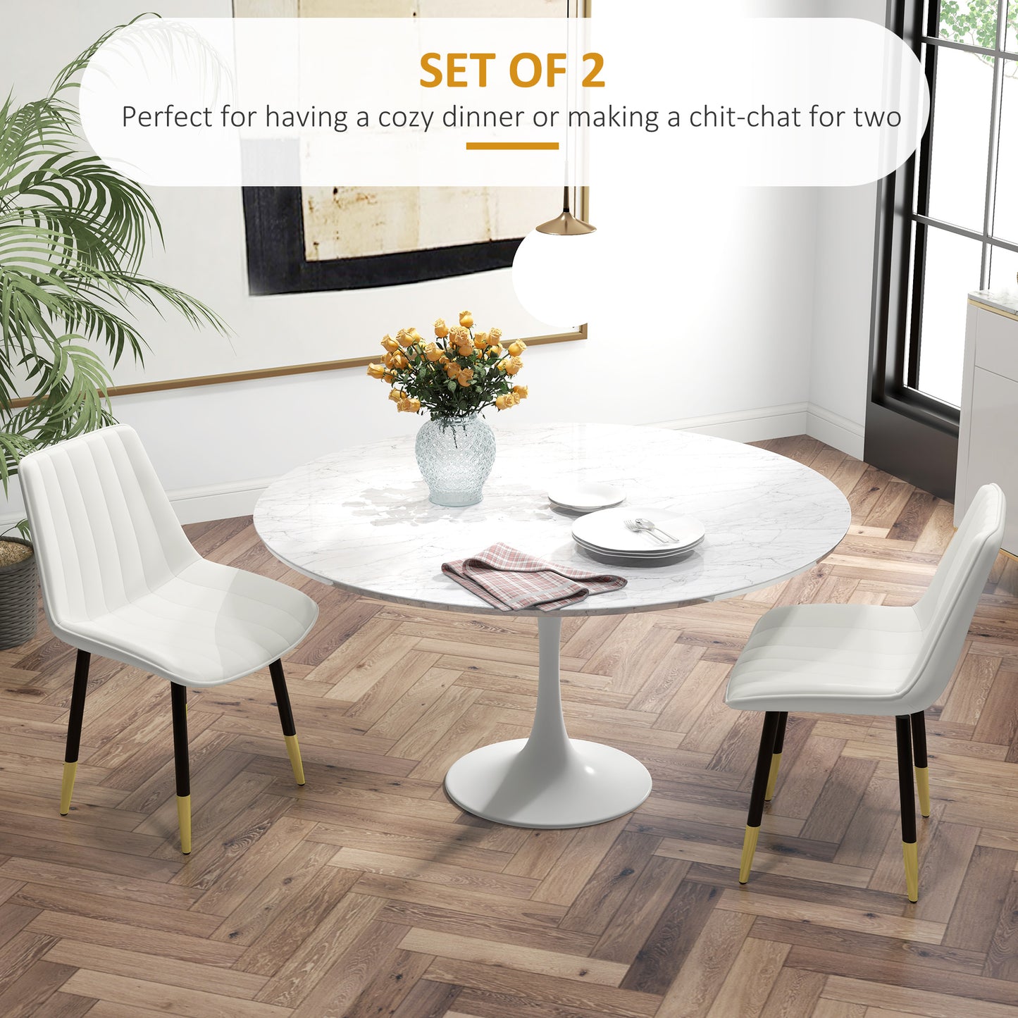 Dining Chairs Set of 2, Modern Kitchen Chair with PU Leather Upholstery and Steel Legs for Living Room, Bedroom, Cream