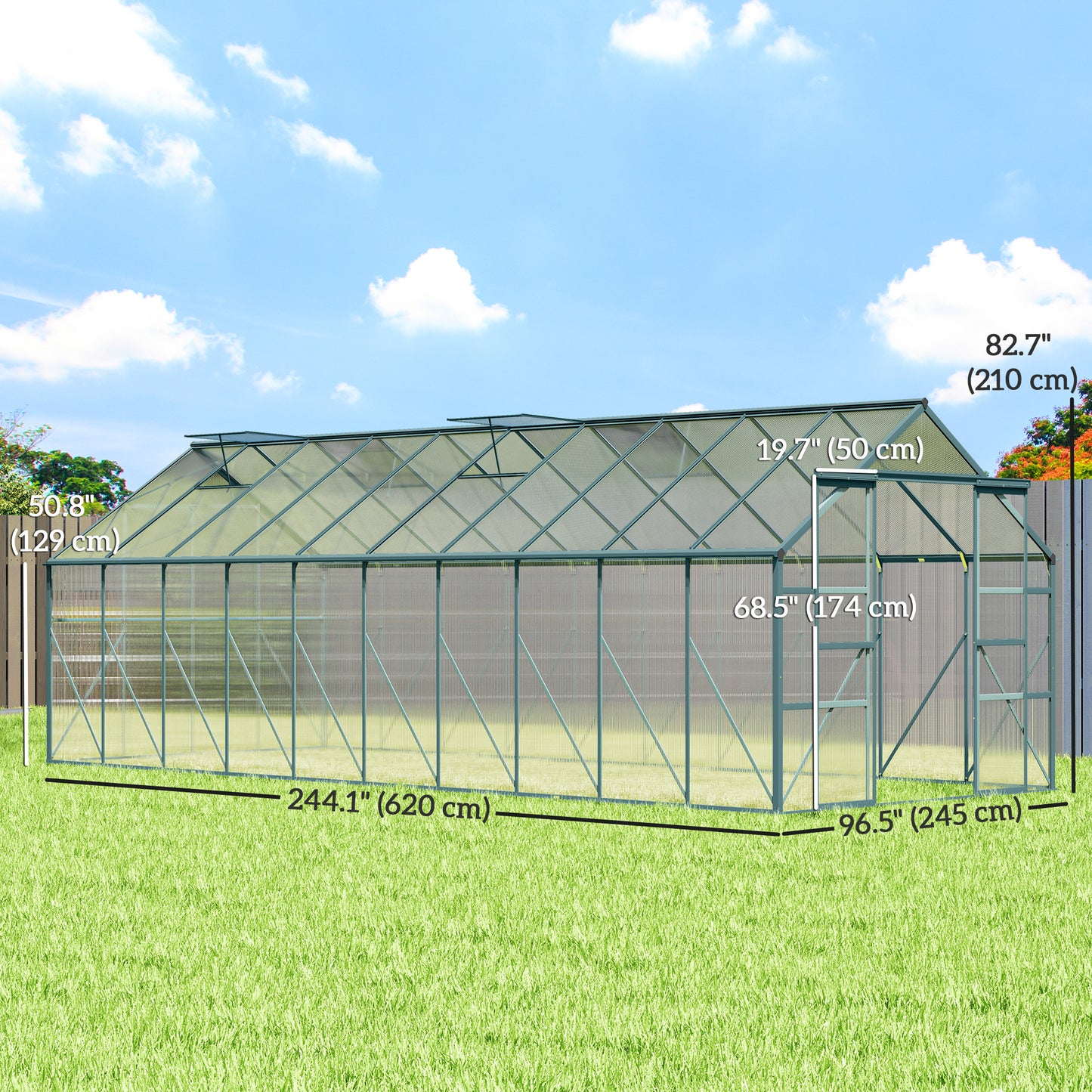 Aluminum Greenhouse Polycarbonate Walk-in Garden Greenhouse Kit with Rain Gutter and Sliding Door, 20' x 8', Green