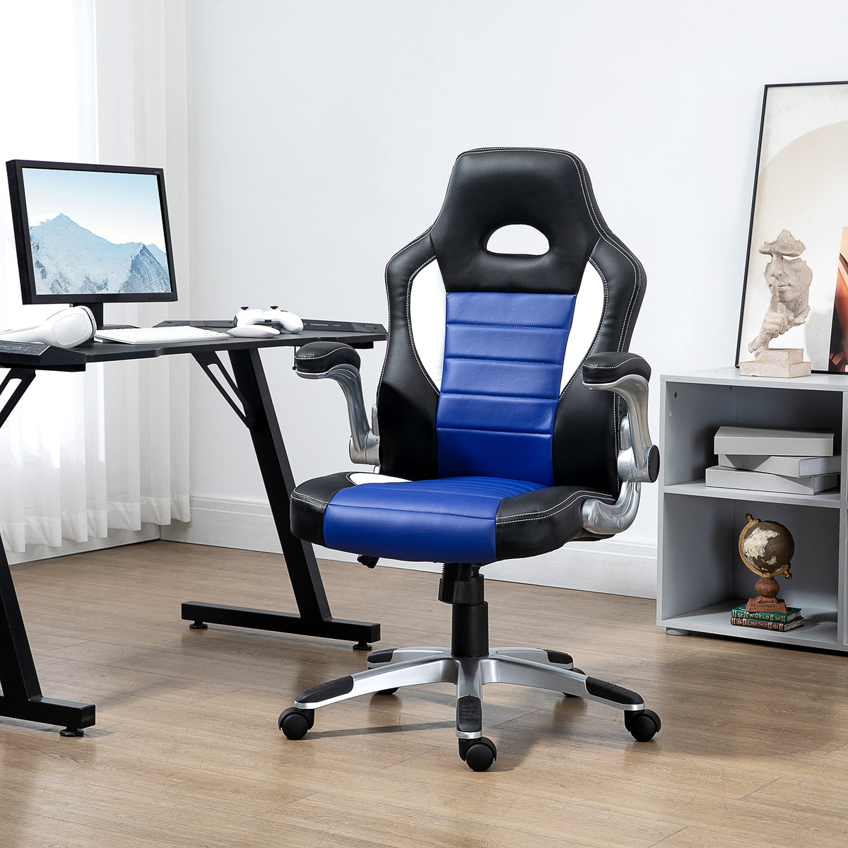 Racing Gaming Chair PU Leather Office Chair Executive Computer Desk Chair with Adjustable Height, Flip Up Armrest, Swivel Wheels, Blue