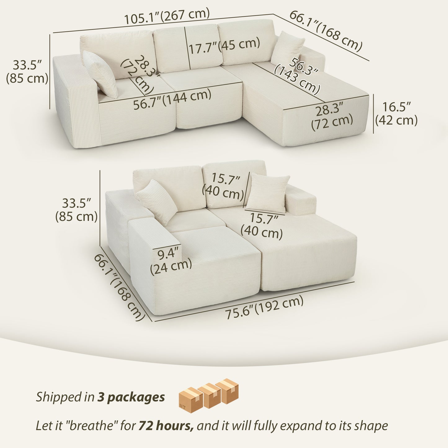 2-in-1 Modular Sectional Sofa, Boneless L Shaped Couch Sofa Bed, Cream White
