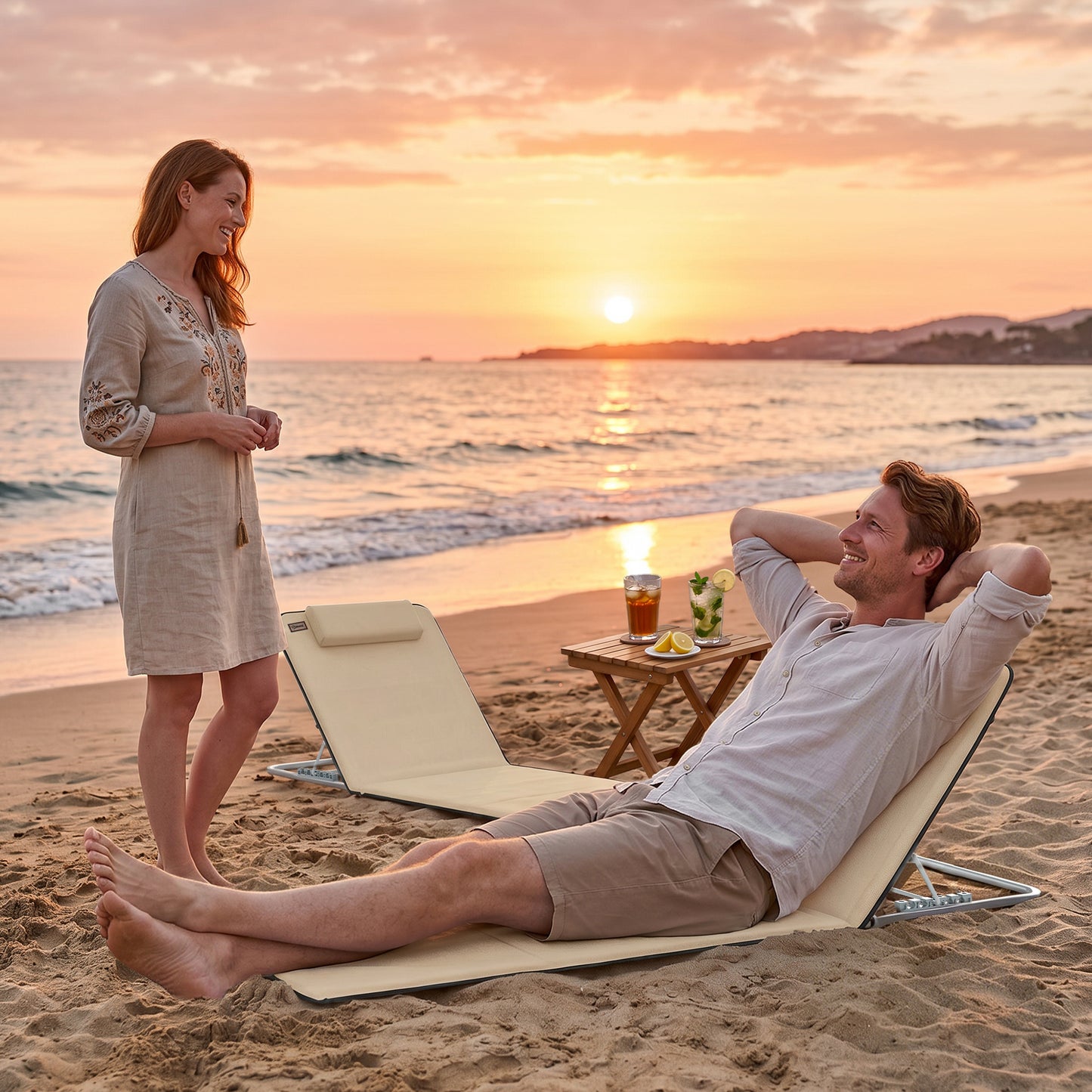 2 Pieces Beach Lounge Chair, Outdoor Folding Chaise Lounge Set w/ Pillow for Sunbath, Snap, Beige