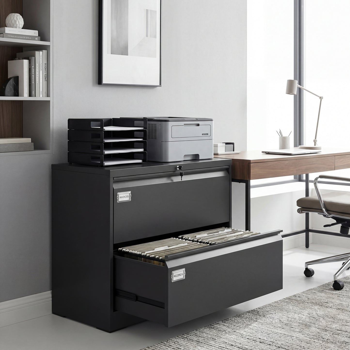 Lateral Filing Cabinet with 2 Drawers, Lockable Steel File Cabinet for A4/Letter/Legal Size Files, Black