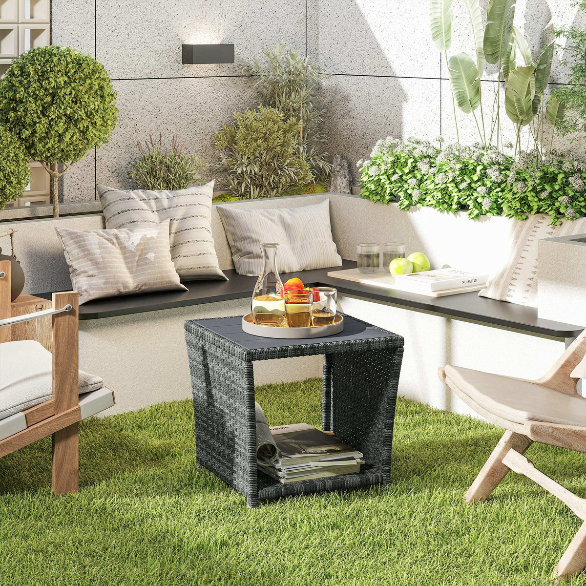 17.7" Wicker Side Table with Storage Shelf, Square PE Rattan Outdoor End Table with PS Wood Slat Top, Grey