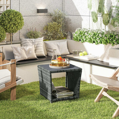 17.7" Wicker Side Table with Storage Shelf and Slat Top