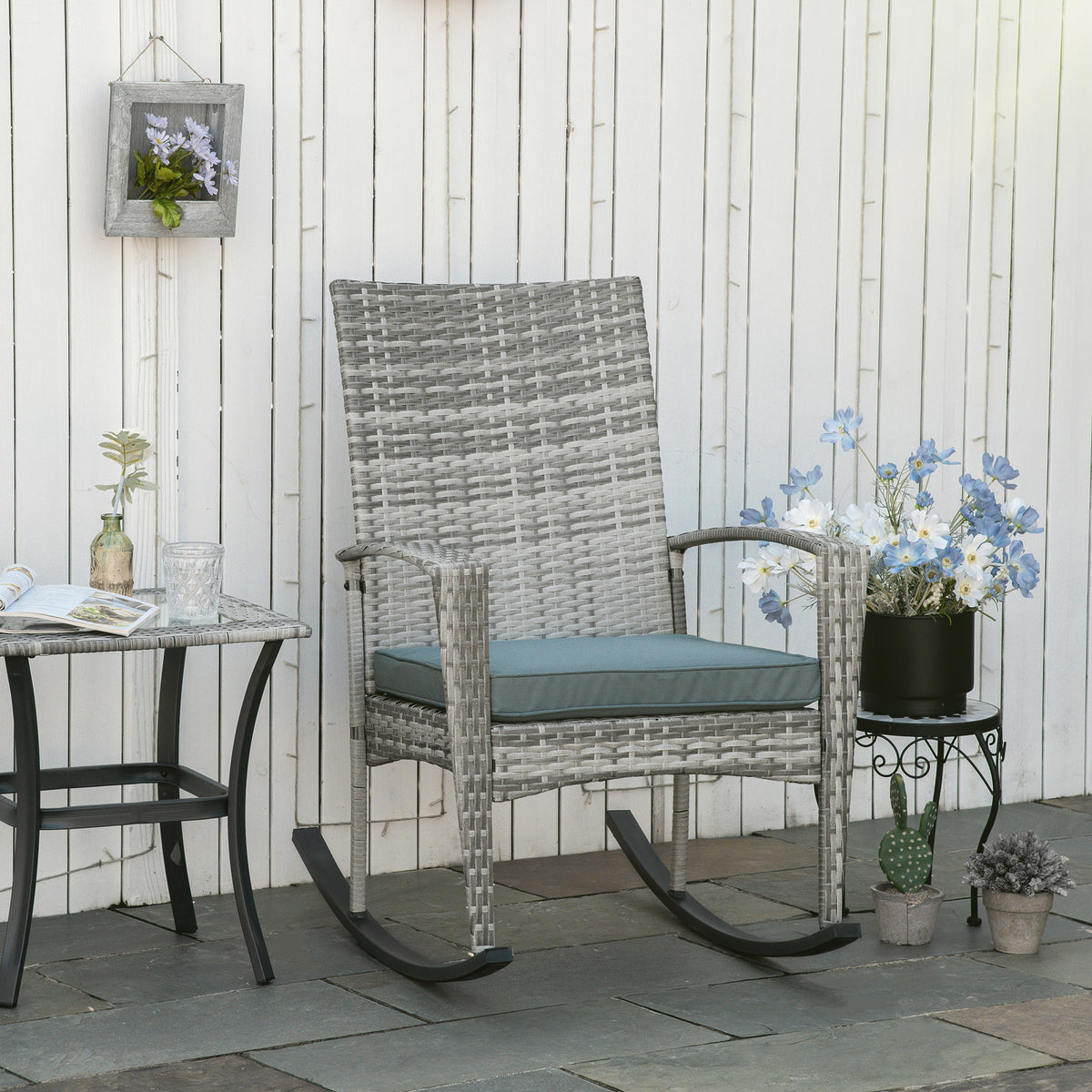 Outdoor PE Rattan Rocking Chair, Garden Glider Rocking Chair, Wicker Patio Chair Set with Armrest and Cushion, Grey - Light Grey