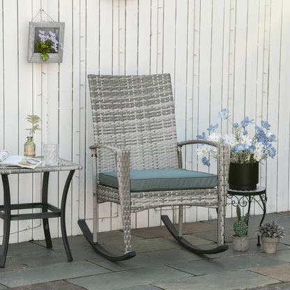 Outdoor PE Rattan Rocking Chair, Garden Glider Rocking Chair, Wicker Patio Chair Set with Armrest and Cushion, Grey - Light Grey