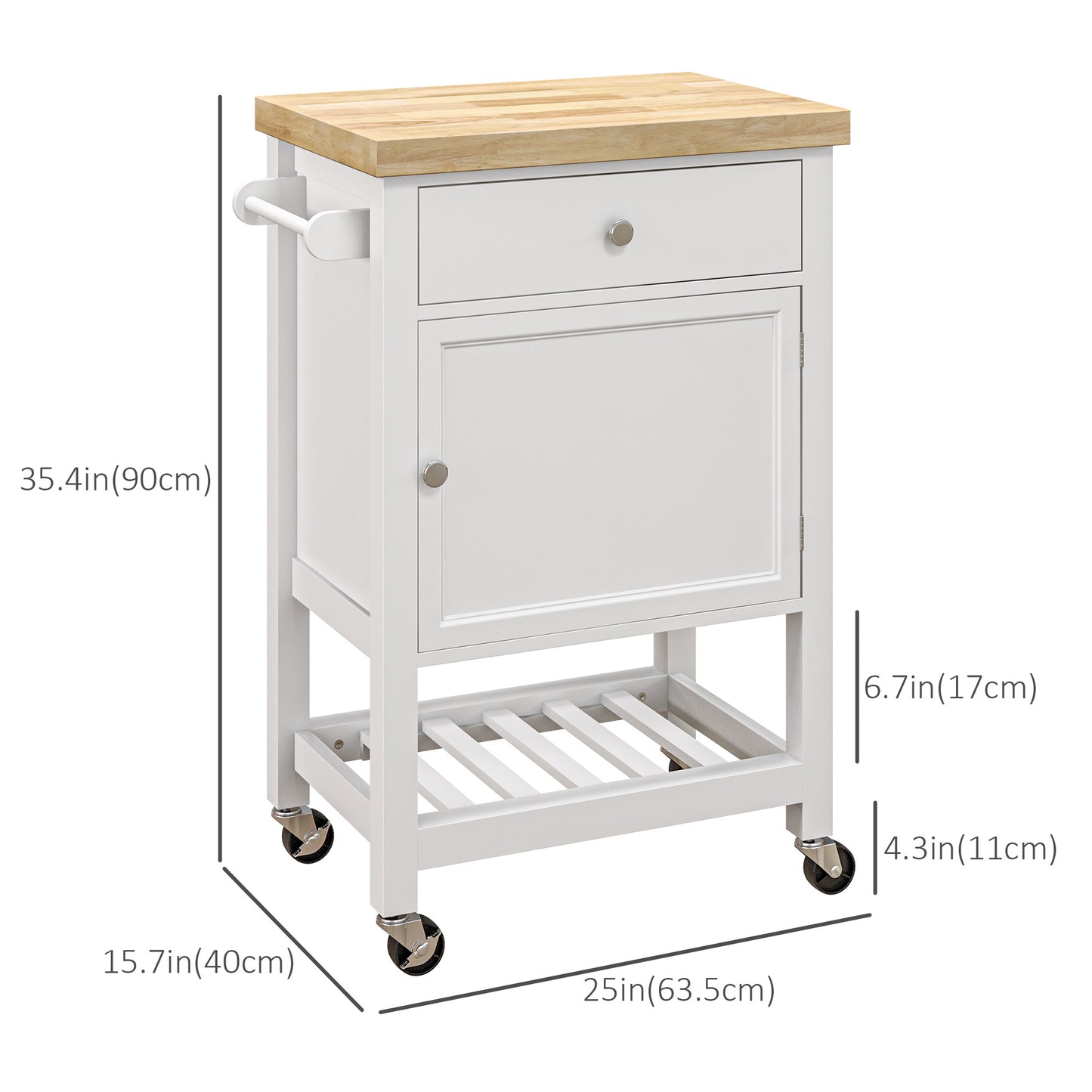 Kitchen Cart on Wheels, Rolling Kitchen Island Cart with Wood Top, Towel Rack, Drawer and Shelf for Dining Area, White