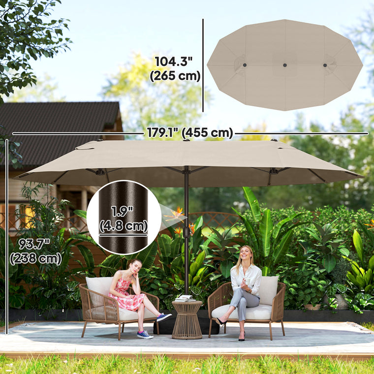 15' Khaki Steel Table Umbrella with Twin Canopy & Lift Crank