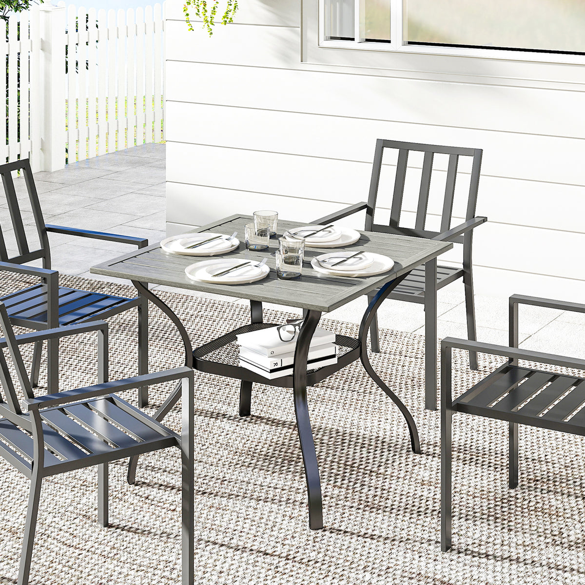 Outdoor Dining Table for 4, Square Patio Table with Umbrella Hole, Shelf, Slatted Faux Wood Steel Top, Grey