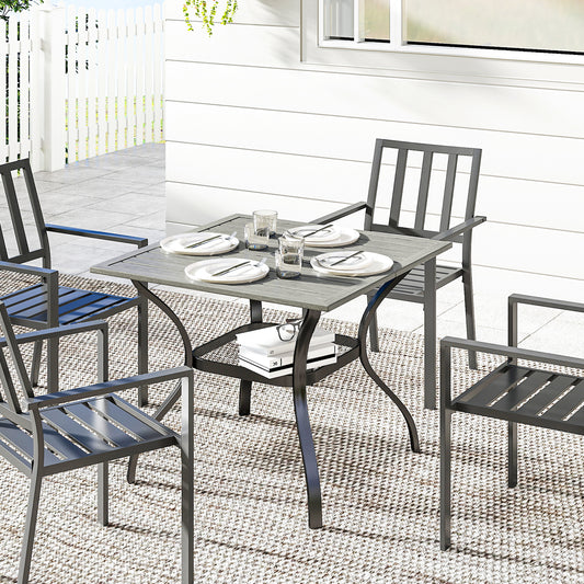 Outdoor Dining Table for 4, Square Patio Table with Umbrella Hole, Shelf, Slatted Faux Wood Steel Top, Grey