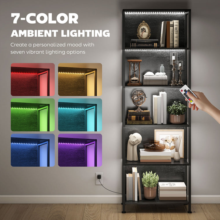 5-Tier Bookshelf with LED Lights - Black