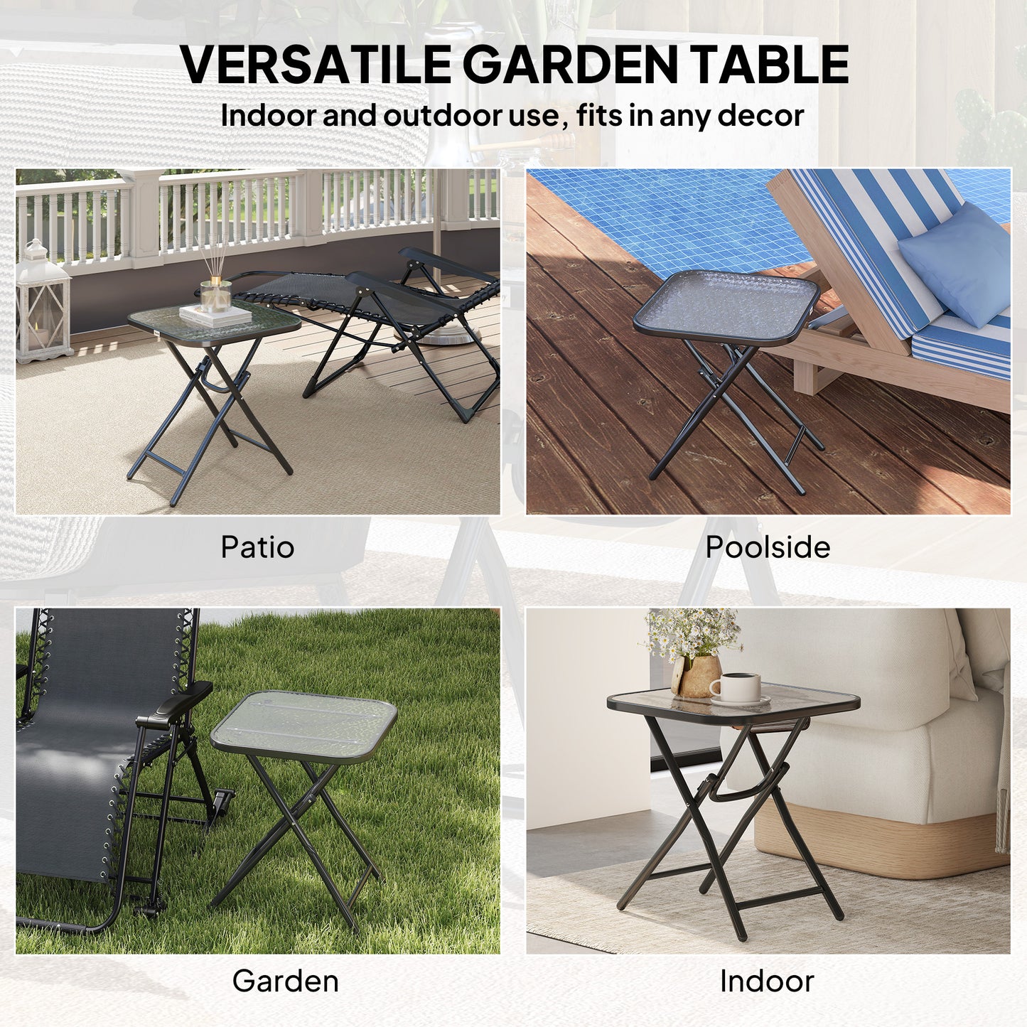 Patio Table, Folding Coffee Table with Tempered Glass Tabletop, Portable Bistro Table for Patio, Backyard