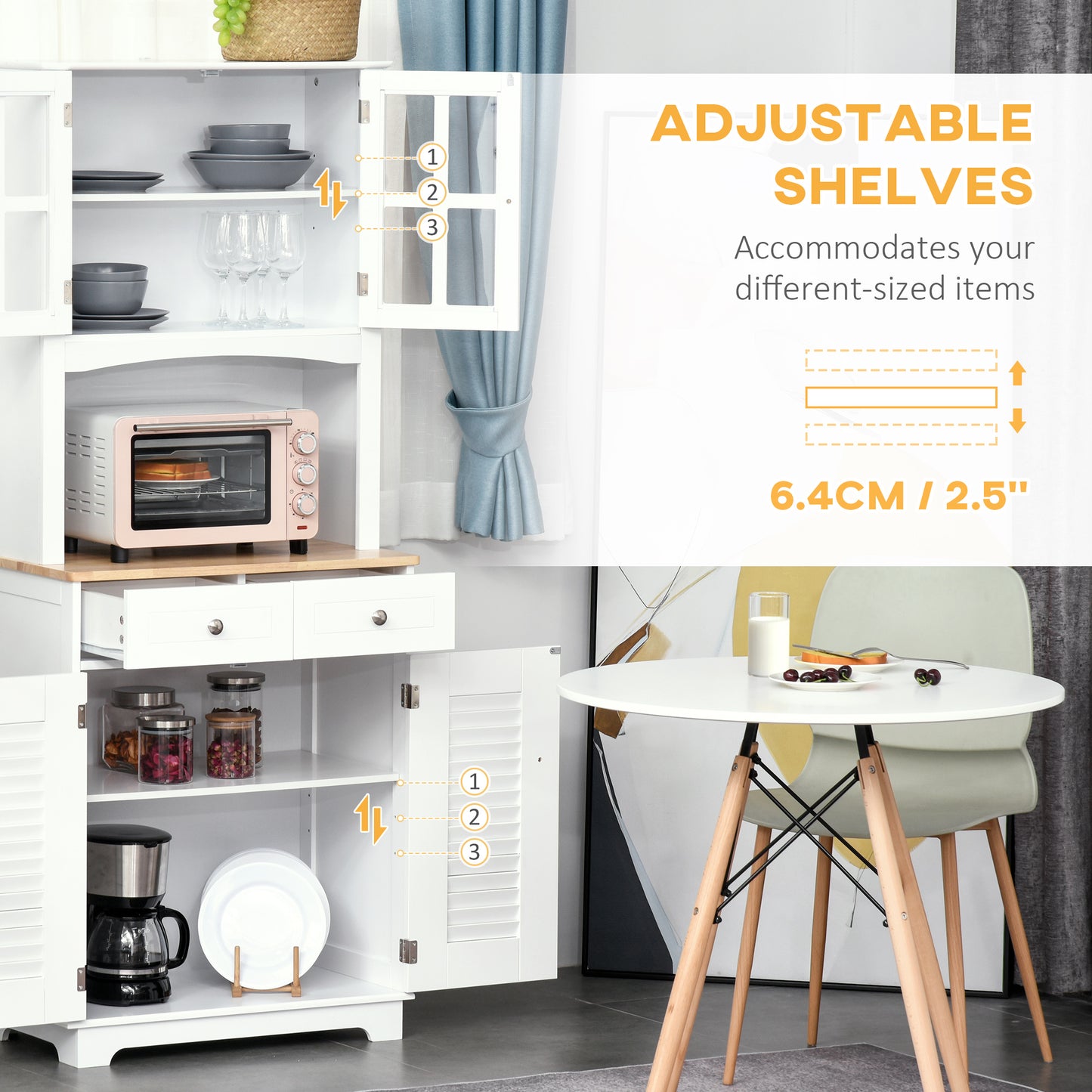Coastal Style Kitchen Buffet and Hutch Wooden Storage Cupboard with Framed Glass Door LouveredCabinet Drawers Microwave Space for Dining Room Living Room White