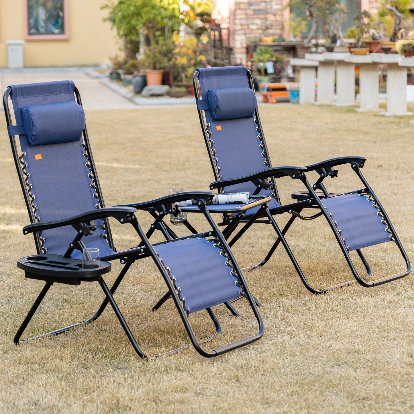 Zero Gravity Chair Set of 2 Patio Chair with Side Table Cupholders and Pillows for Pool, Backyard, Lawn, Beach, Red - Blue