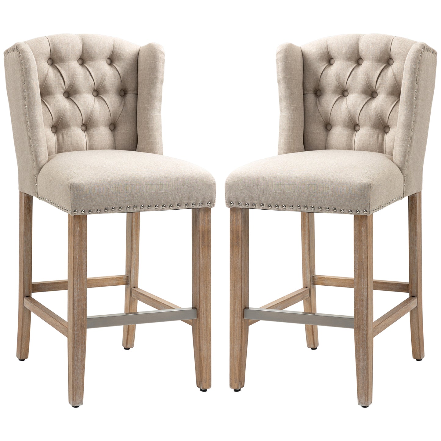 Counter Height Bar Stools Set of 2, Upholstered Bar Chairs with Nailhead Backrest and Footrest, Modern Barstools for Kitchen, Dining Room, Beige