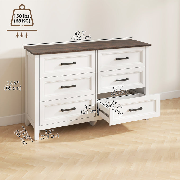 Wide 6-Drawer Bedroom Dresser - White