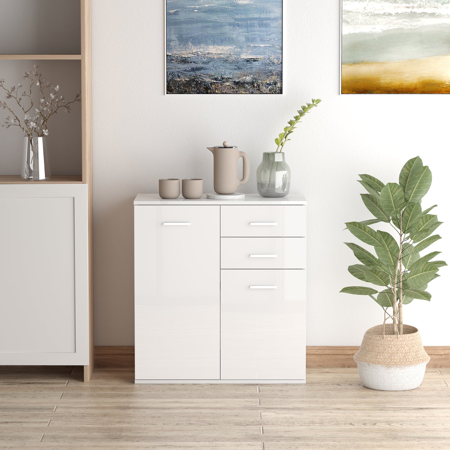High Gloss Sideboard with 2 Drawers and 2 Doors, Buffet Cabinet with Adjustable Shelf, Coffee Bar Cabinet with Storage, White