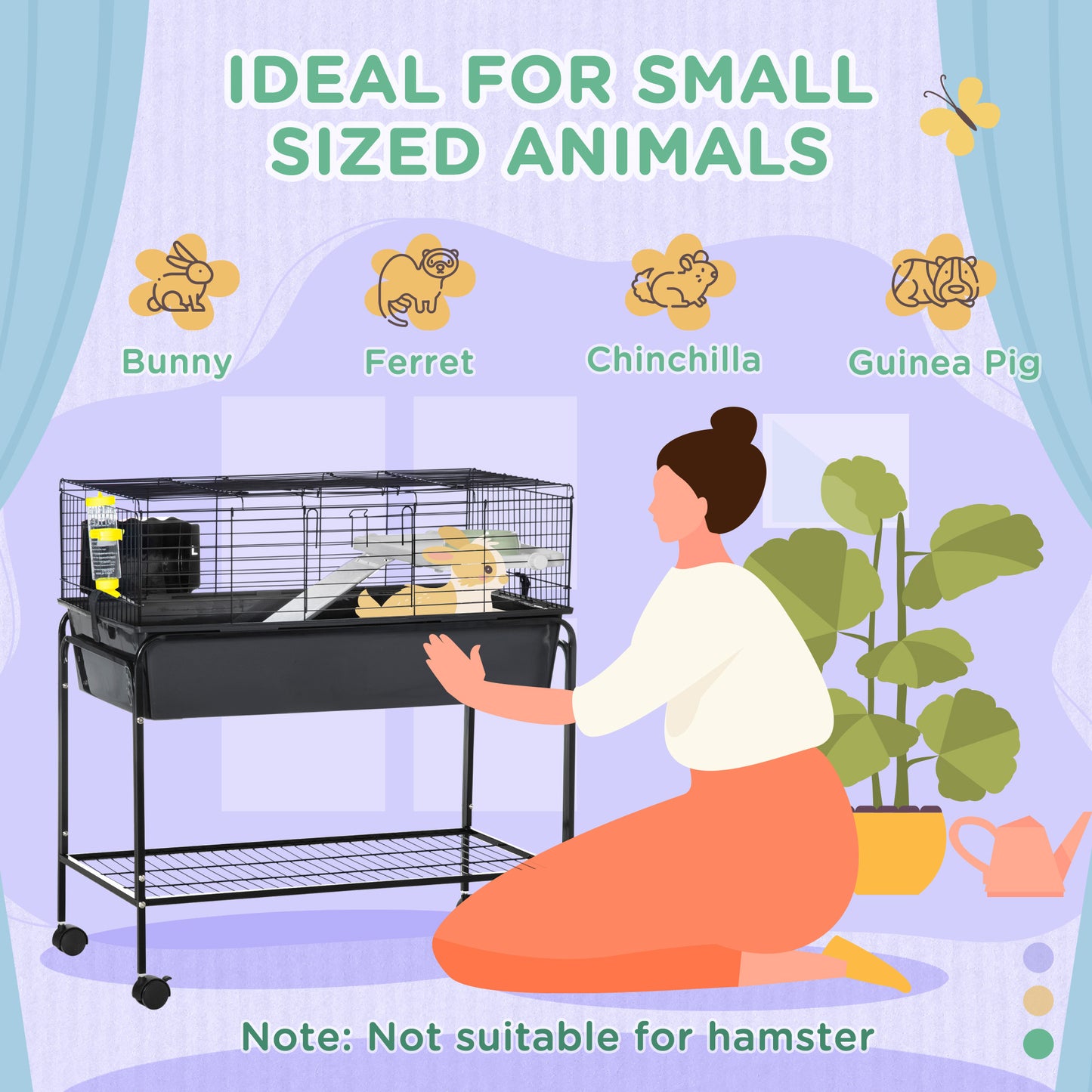 35" Small Animal Cage Rolling Guinea Pig Cage with Detachable Stand, Water Dispenser, Food Dish, Ramp, Wheels, Dark Grey