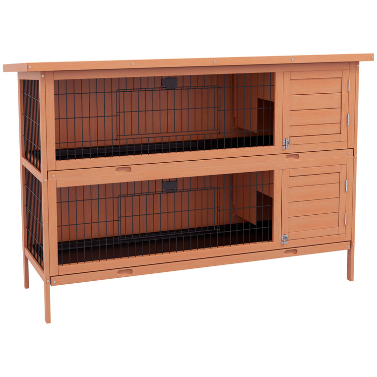 54"L 2-Story Orange Wooden Rabbit Hutch with Lockable Doors