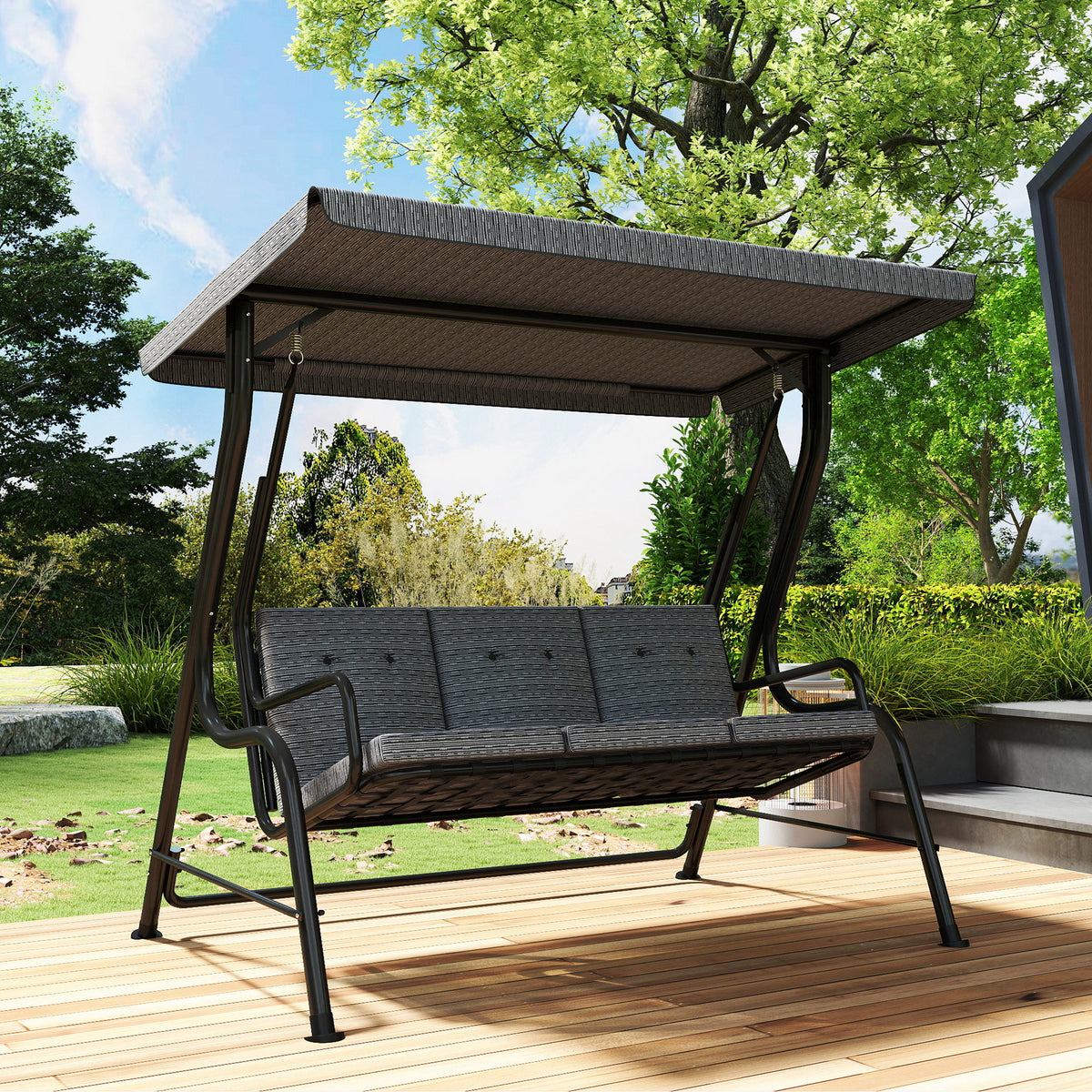 3-Person Patio Swing Chair with Canopy 3 Seater Porch Swing for Garden, Backyard, Poolside, Light Grey - Black