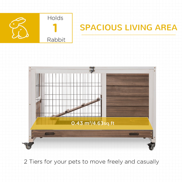 Brown Elevated Wooden Rabbit Hutch with Enclosed Run & Wheels