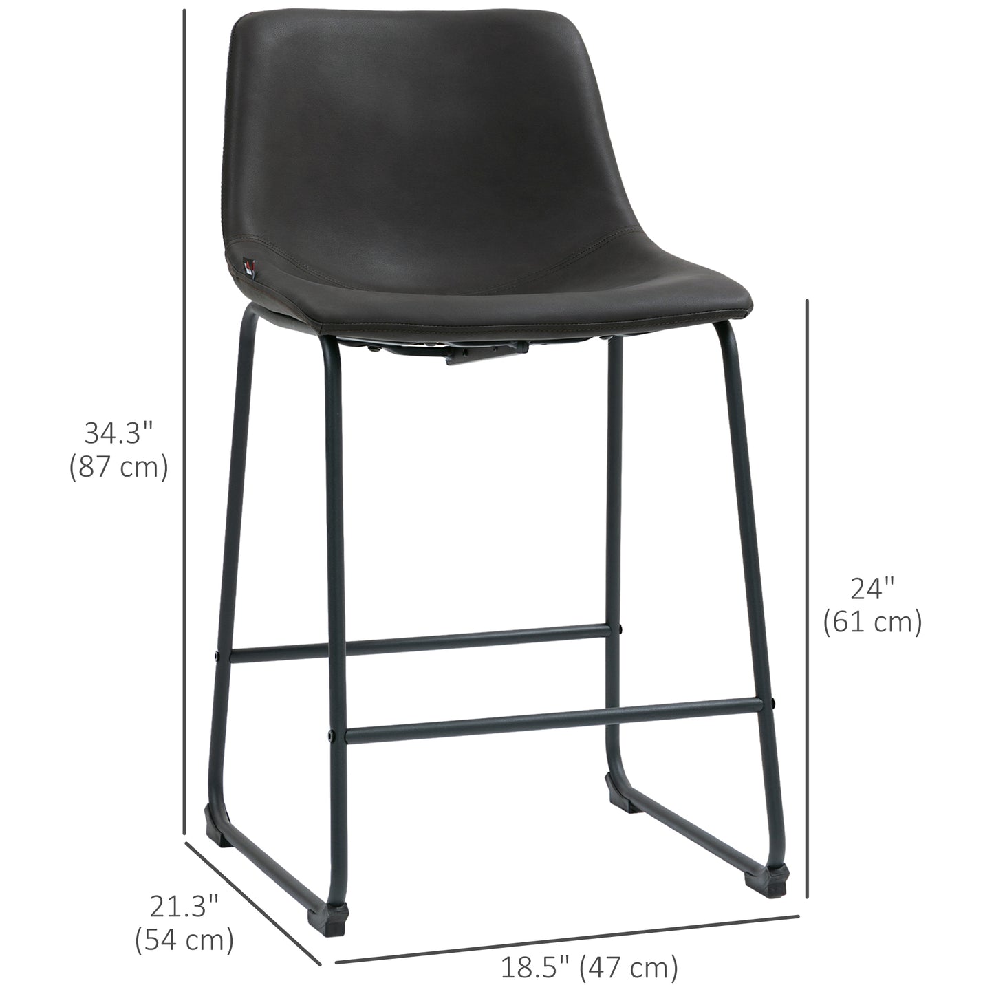Counter Height Bar Stools Set of 2, Vintage PU Leather Bar Chairs, Kitchen Stool with Footrest, Dark Brown
