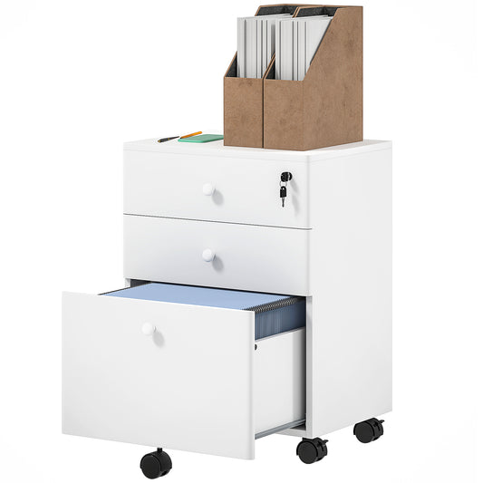 3-Drawer Filing Cabinet with Lock and Wheels - White