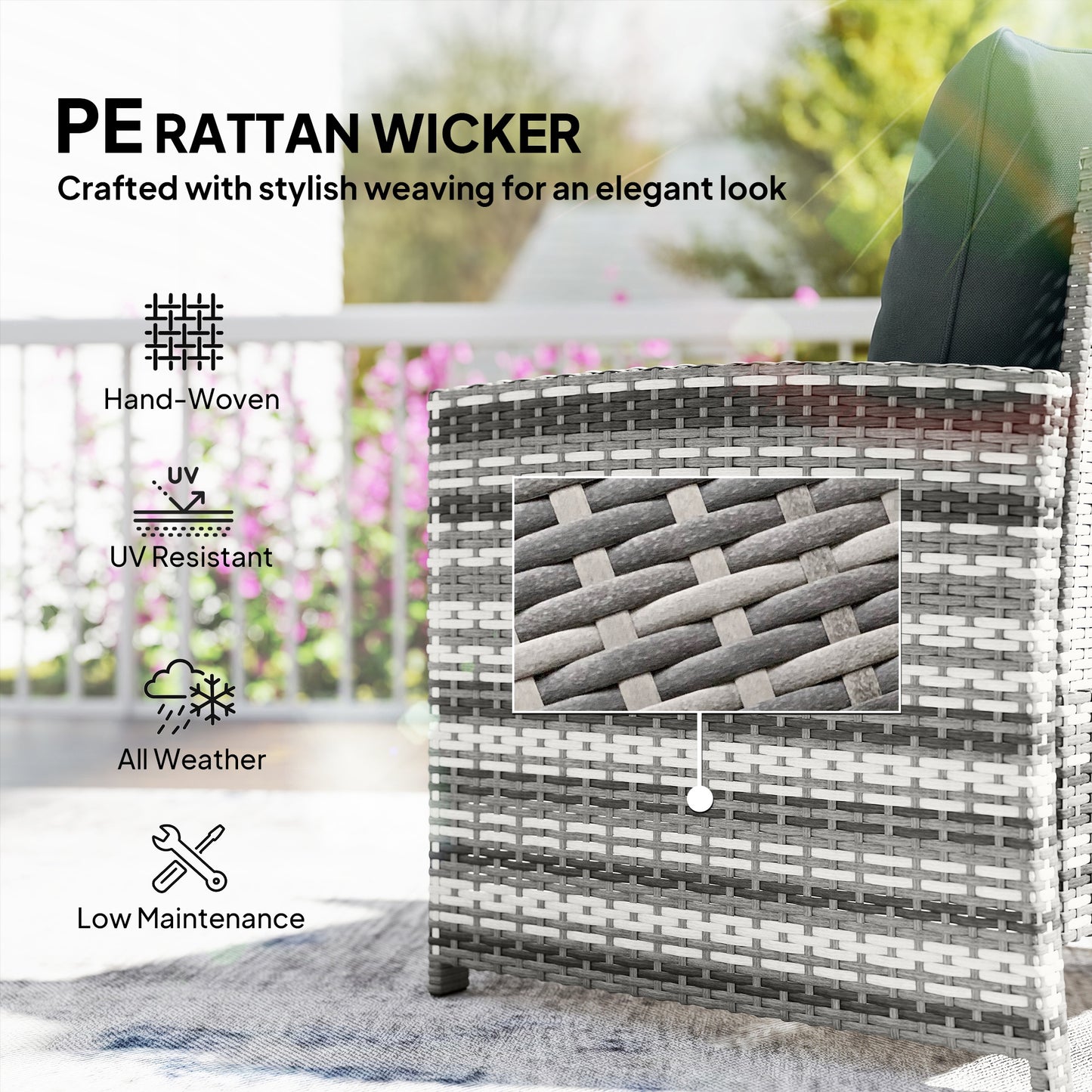 Wicker Patio Chairs with Ottomans, 2-Tier Glass Coffee Table and Cushions, 5 Pcs Patio Furniture Set, Grey