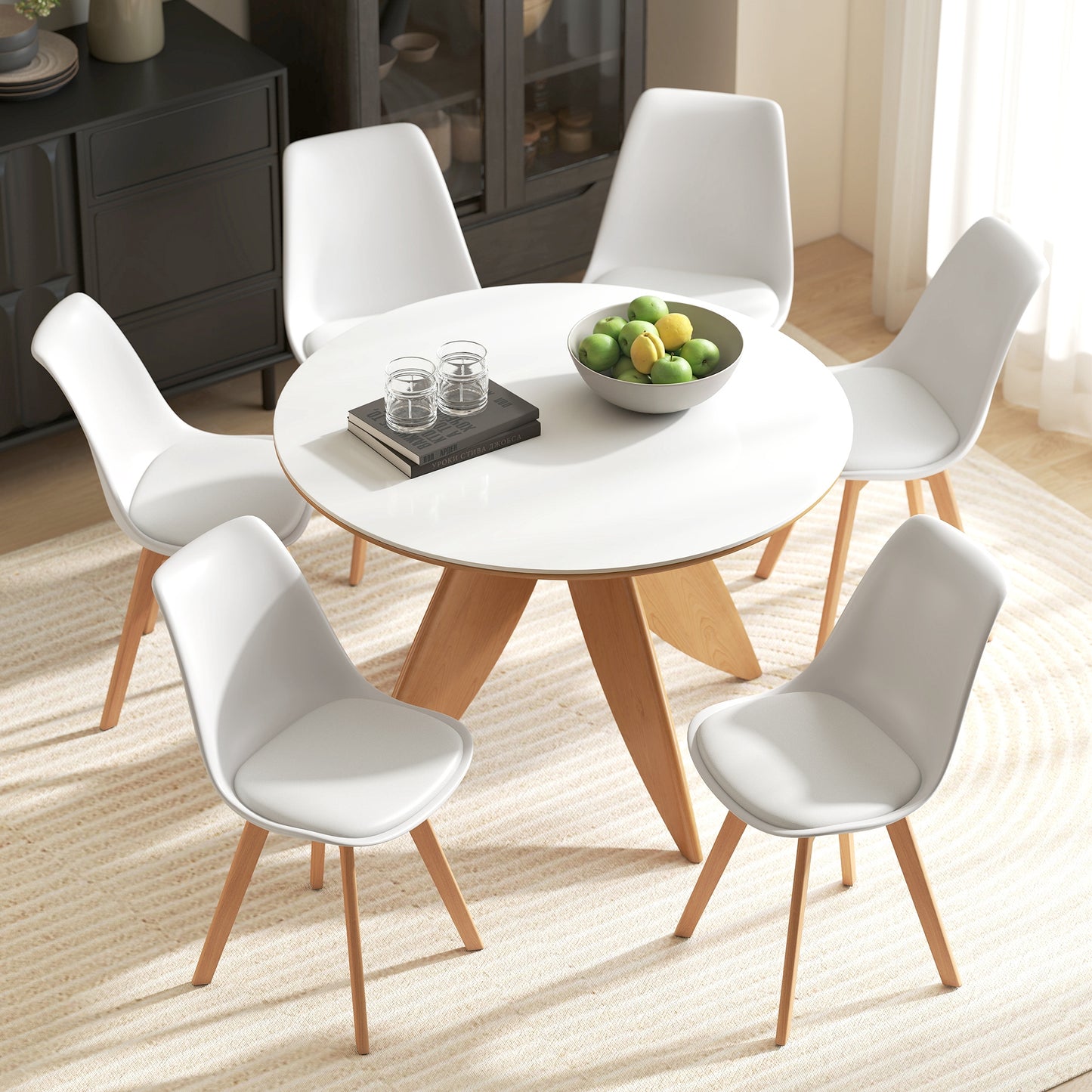 Modern Dining Table Chairs Set of 6, Rubber Wood Kitchen Table Chairs with PU Leather Cushion for Living Room, Bedroom